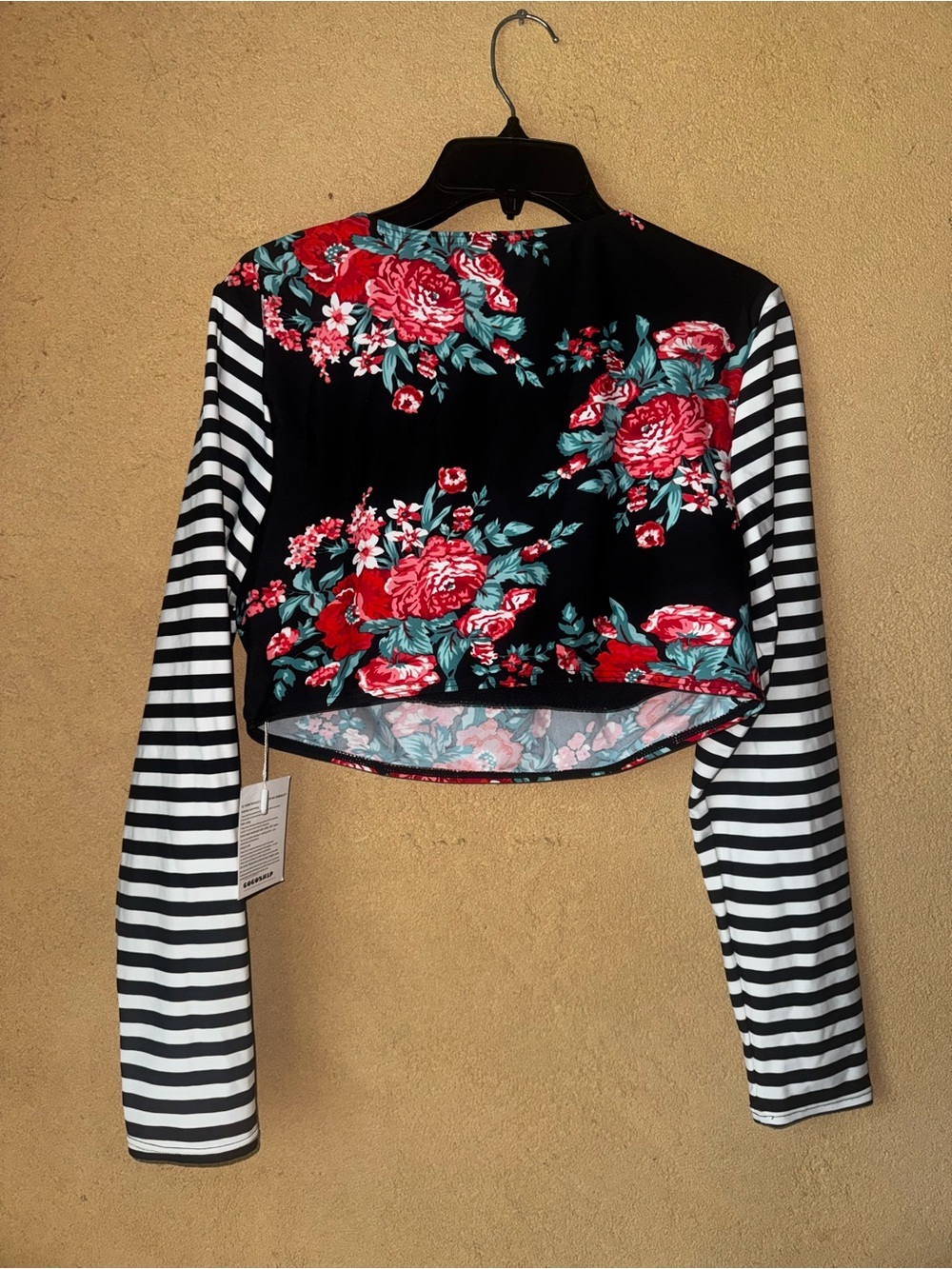 COCOSHIP Black Crop swim Top with Red Floral and Black-&-White Striped Sleeves - Picture 6 of 7
